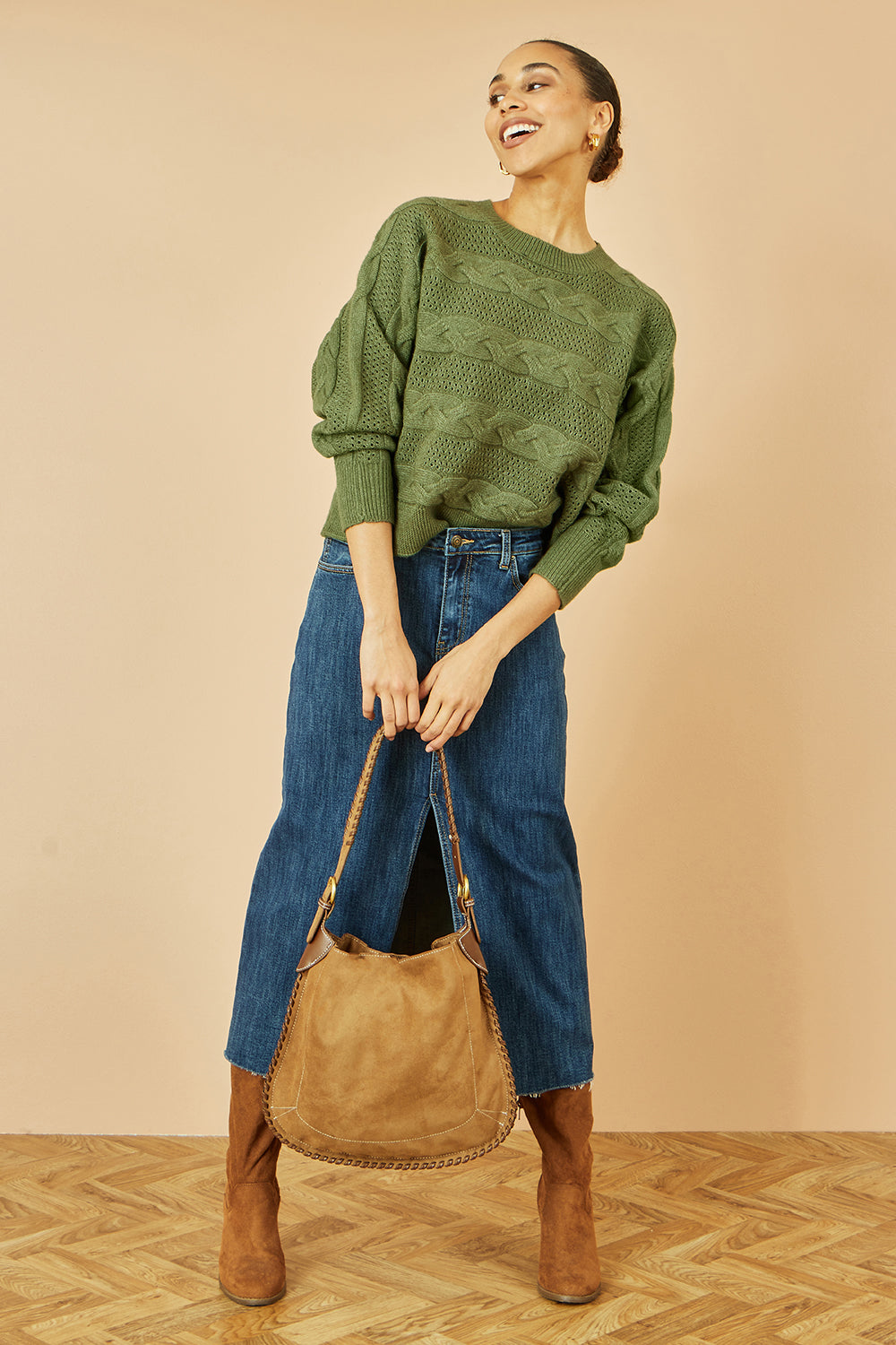 Yumi Green Cable Knit Relaxed Fit Jumper - QHA UK