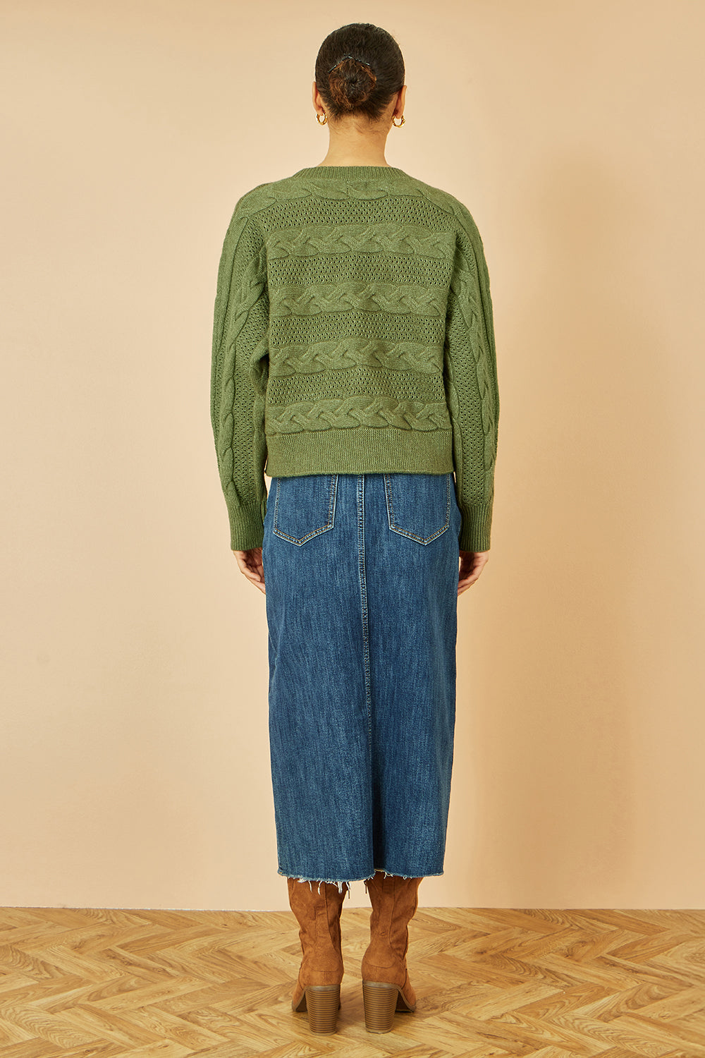 Yumi Green Cable Knit Relaxed Fit Jumper - QHA UK