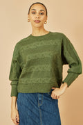 Yumi Green Cable Knit Relaxed Fit Jumper - QHA UK