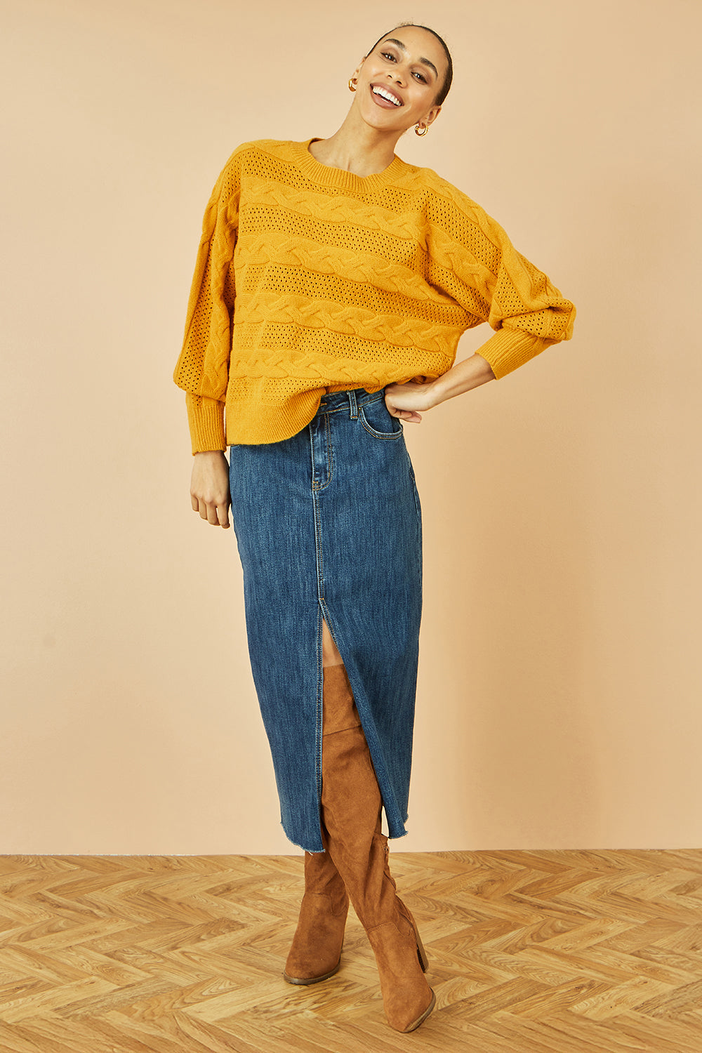 Yumi Mustard Cable Knit Relaxed Fit Jumper - QHA UK
