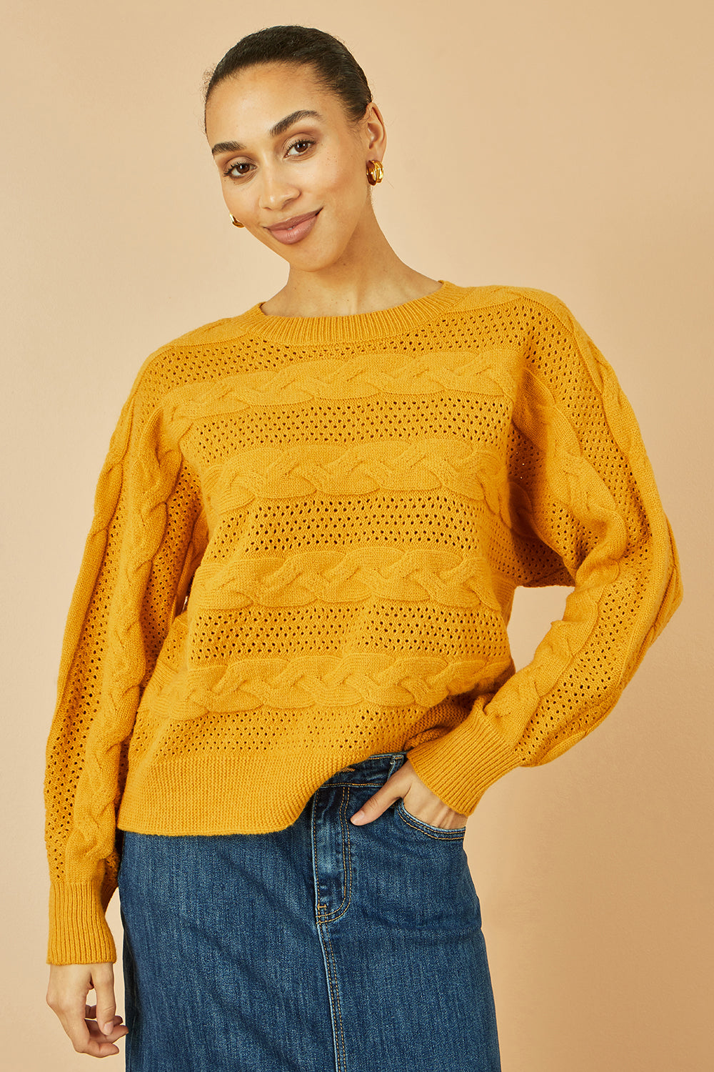 Yumi Mustard Cable Knit Relaxed Fit Jumper - QHA UK