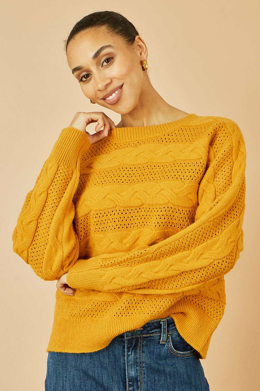 Yumi Mustard Cable Knit Relaxed Fit Jumper - QHA UK