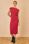 Yumi Burgundy Knitted Ruched Midi Dress - QHA UK