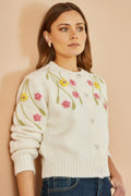 Yumi Beige Flower Embroidered Chunky Knit Cardigan - QHA UK