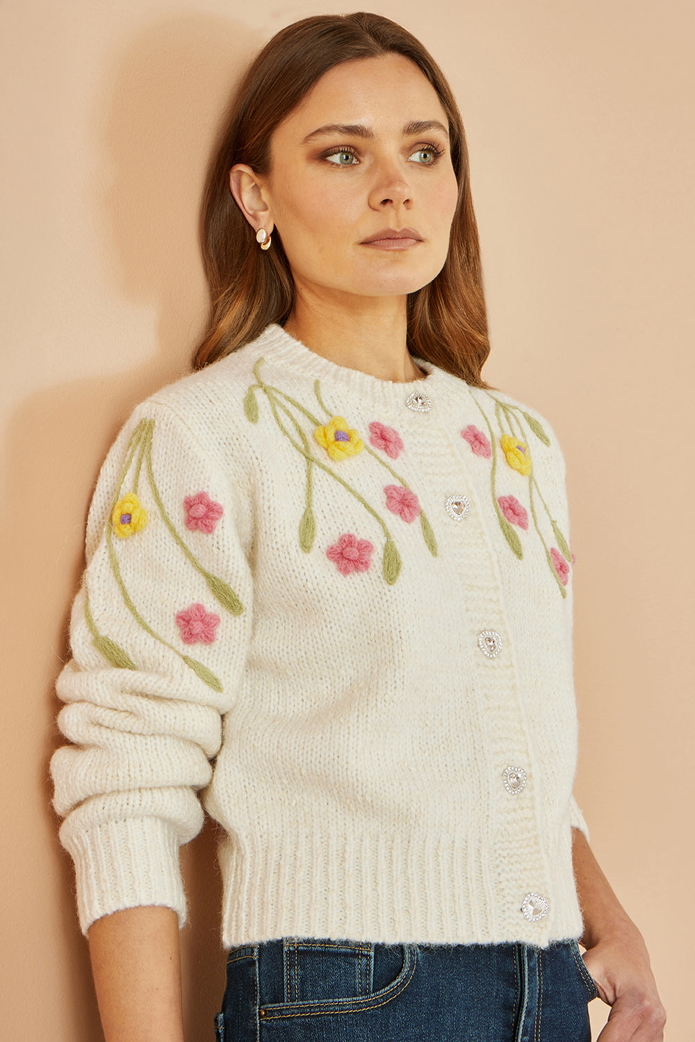 Yumi Beige Flower Embroidered Chunky Knit Cardigan - QHA UK