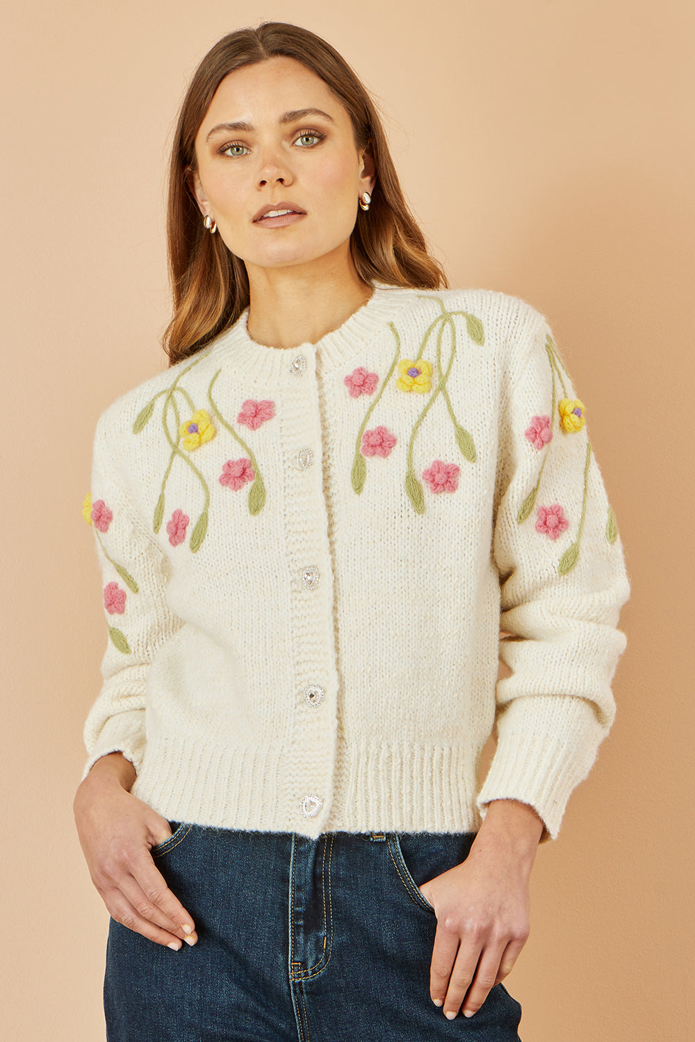 Yumi Beige Flower Embroidered Chunky Knit Cardigan - QHA UK