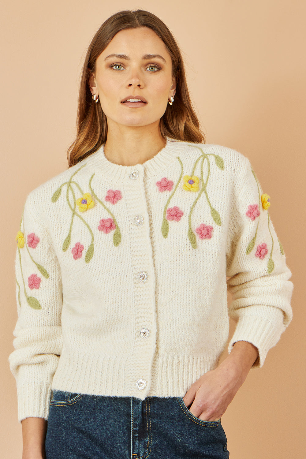Yumi Beige Flower Embroidered Chunky Knit Cardigan - QHA UK