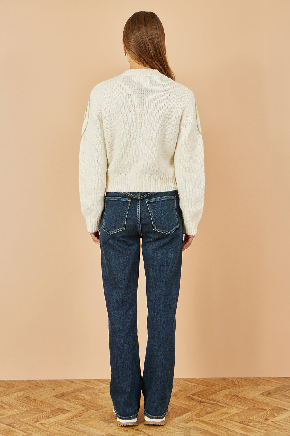 Yumi Beige Flower Embroidered Chunky Knit Cardigan - QHA UK