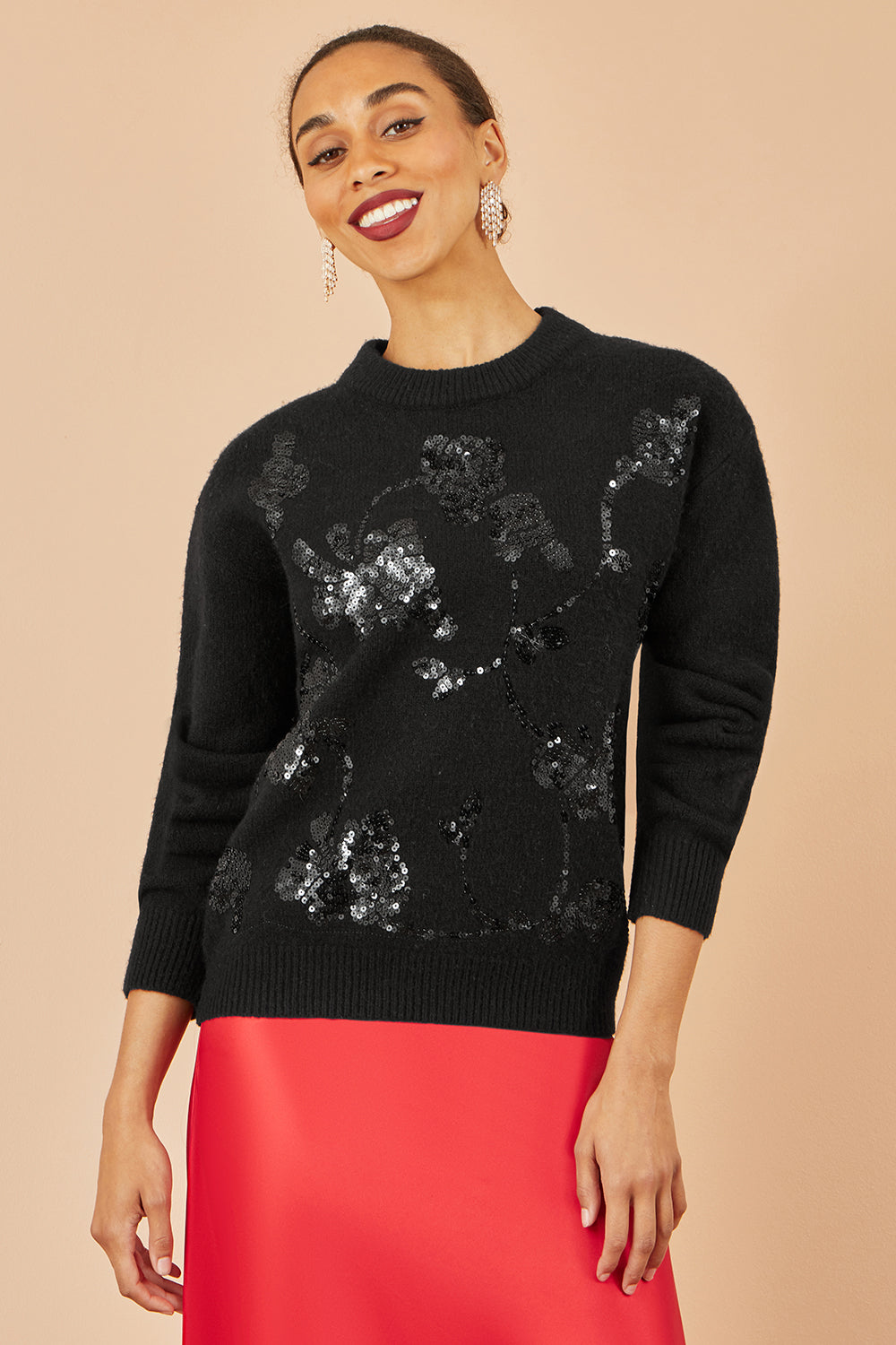 Yumi Black Relaxed Knitted Jumper With Sequin Detail - QHA UK