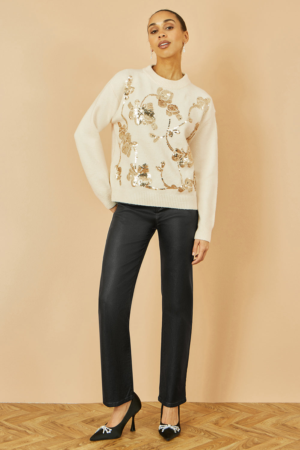 Yumi Cream Relaxed Knitted Jumper With Sequin Detail - QHA UK