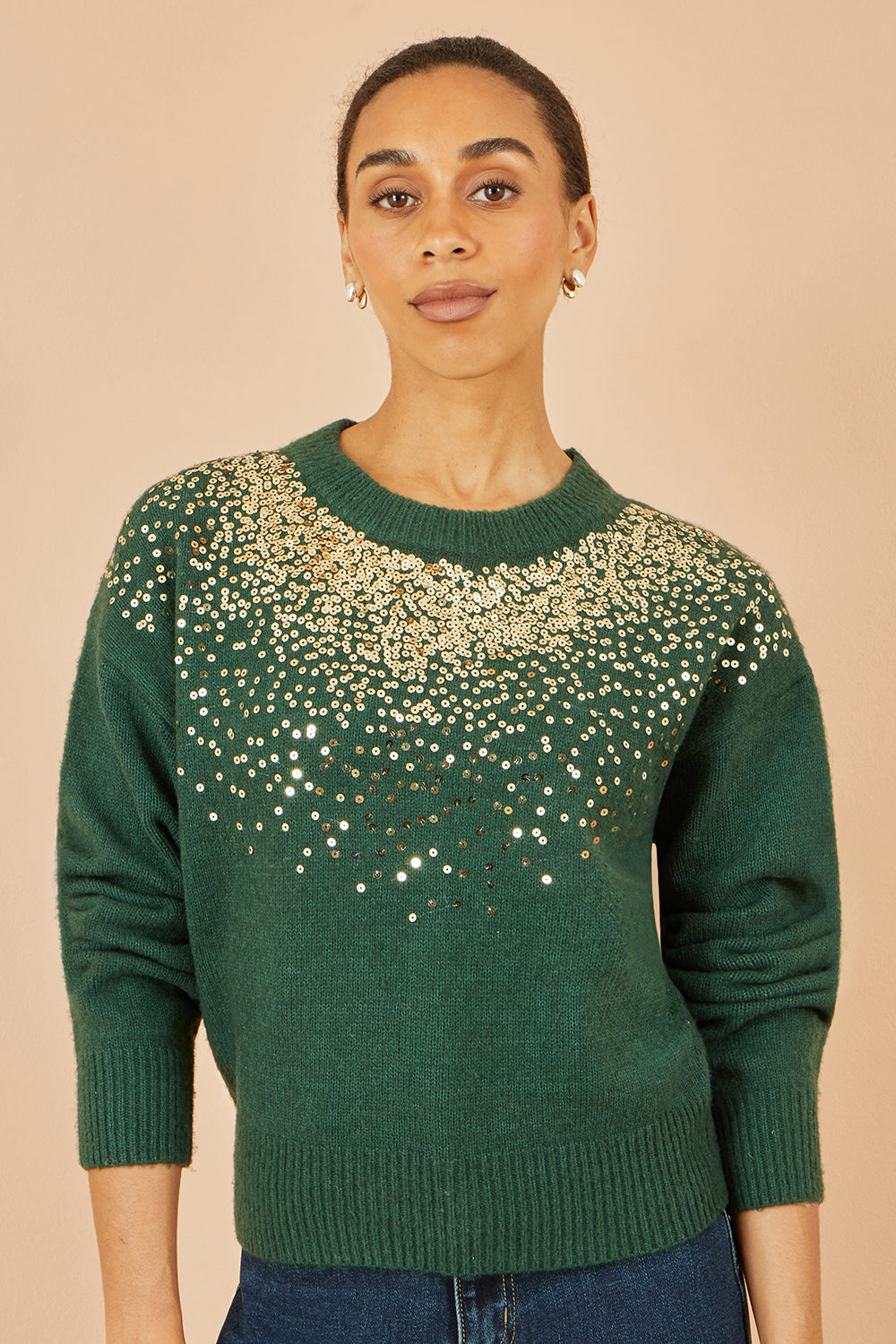 Yumi Green Relaxed Knitted Jumper With Scattered Sequin Neckline - QHA UK