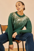 Yumi Green Relaxed Knitted Jumper With Scattered Sequin Neckline - QHA UK