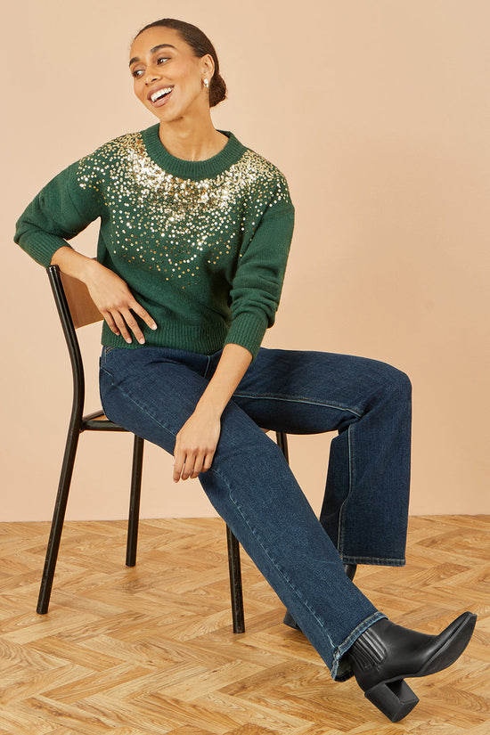 Yumi Green Relaxed Knitted Jumper With Scattered Sequin Neckline - QHA UK