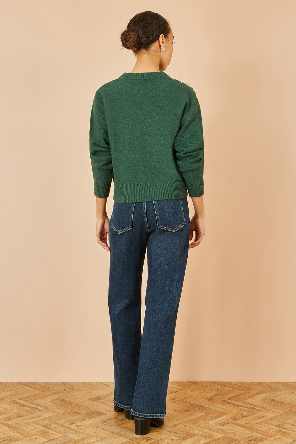 Yumi Green Relaxed Knitted Jumper With Scattered Sequin Neckline - QHA UK