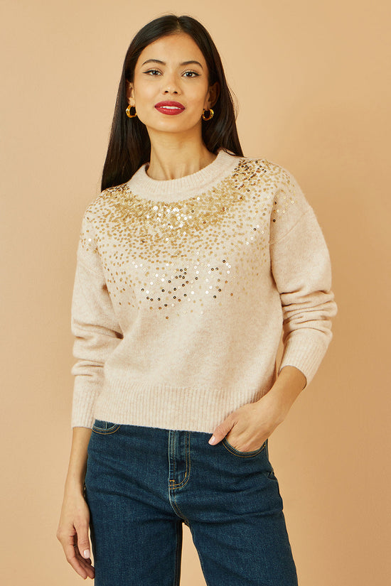 Yumi Oatmeal Relaxed Knitted Jumper With Scattered Sequin Neckline - QHA UK