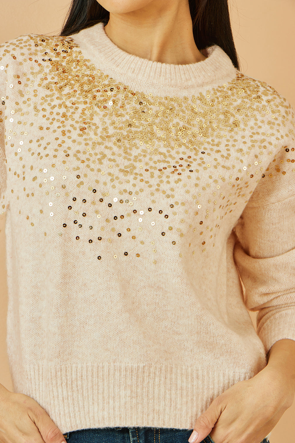 Yumi Oatmeal Relaxed Knitted Jumper With Scattered Sequin Neckline