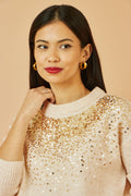 Yumi Oatmeal Relaxed Knitted Jumper With Scattered Sequin Neckline - QHA UK