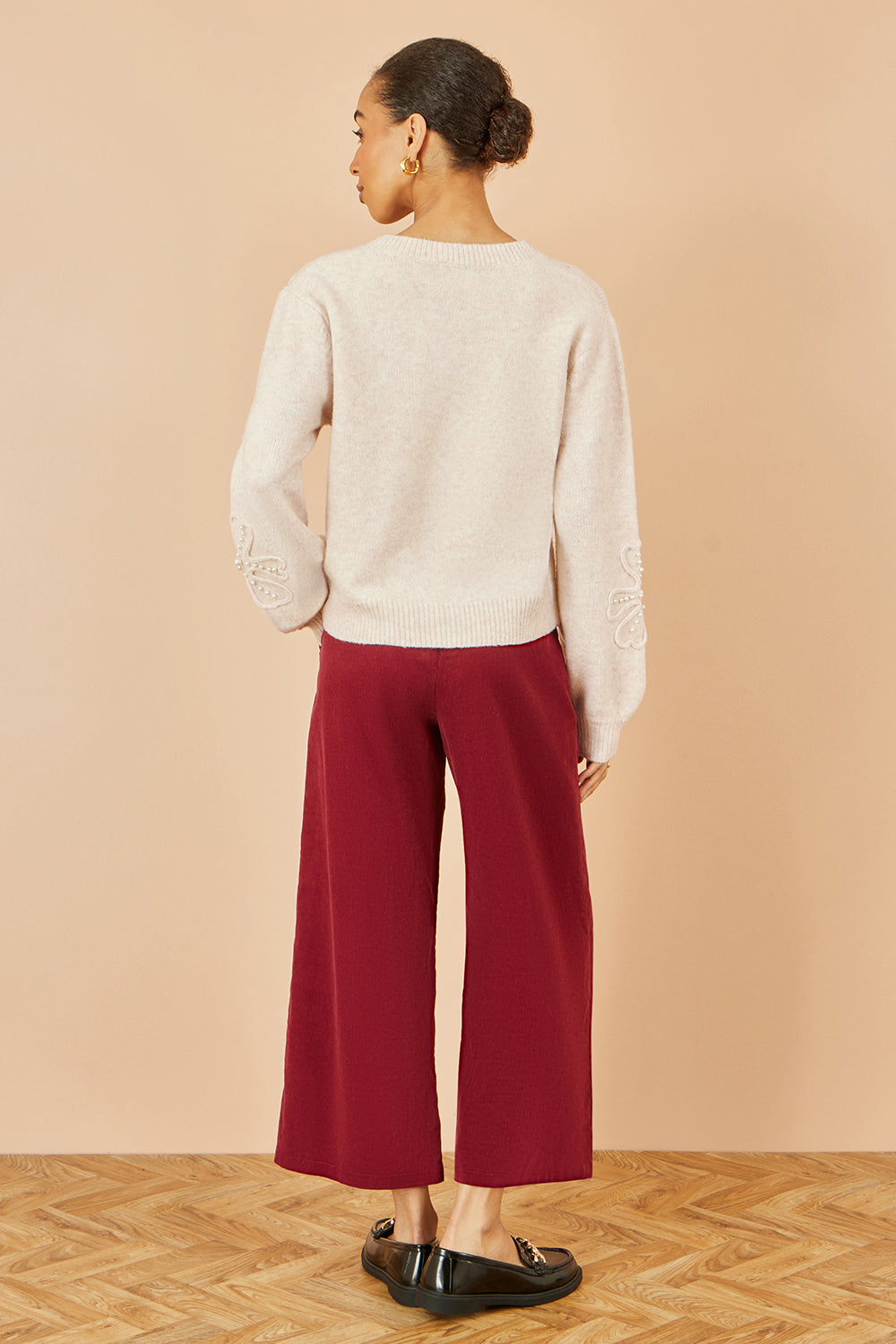 Yumi Oatmeal Knitted Jumper With Floral Applique - QHA UK
