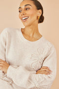 Yumi Oatmeal Knitted Jumper With Floral Applique - QHA UK