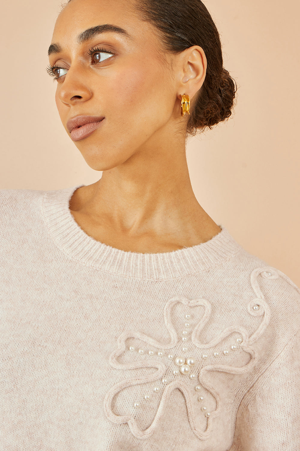 Yumi Oatmeal Knitted Jumper With Floral Applique - QHA UK