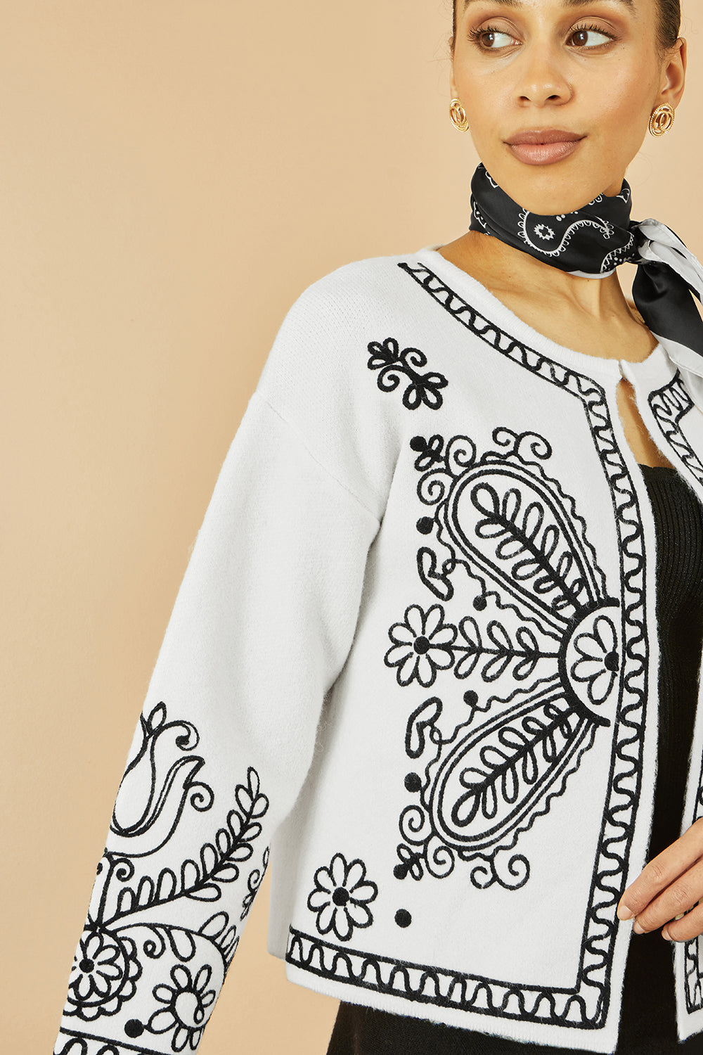 Yumi Ivory Folk Embroidered Edge To Edge Cardigan - QHA UK