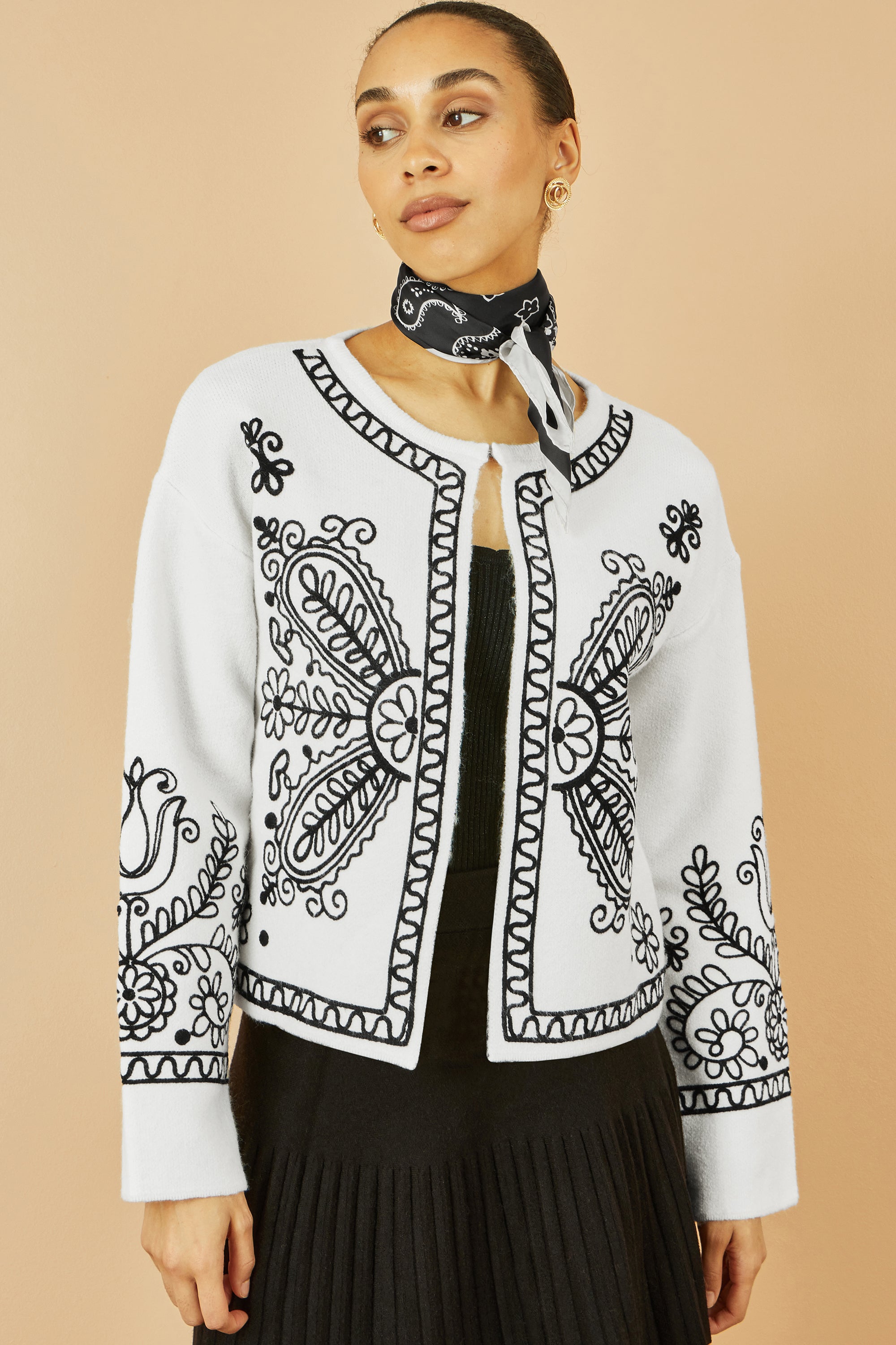Yumi Ivory Folk Embroidered Edge To Edge Cardigan