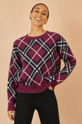 Yumi Burgundy Argyle Check Relaxed Jumper - QHA UK