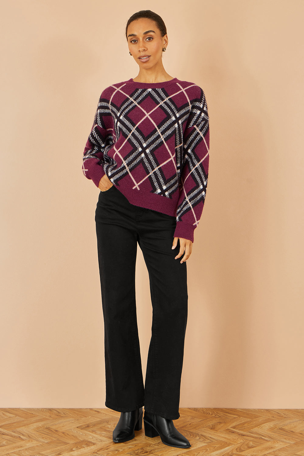 Yumi Burgundy Argyle Check Relaxed Jumper - QHA UK
