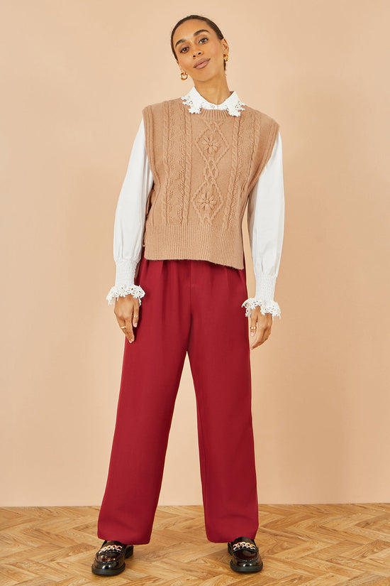 Yumi Camel Flower Cable Knit Tie Side Pullover - QHA UK