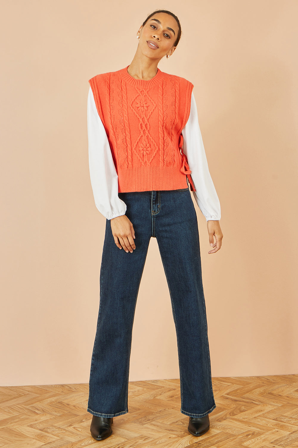 Yumi Orange Flower Cable Knit Tie Side Pullover