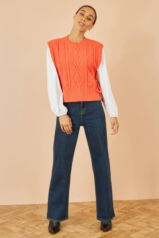 Yumi Orange Flower Cable Knit Tie Side Pullover - QHA UK