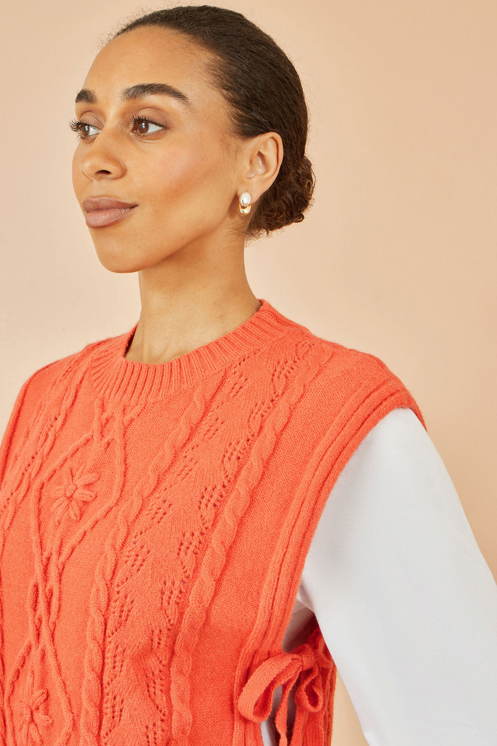Yumi Orange Flower Cable Knit Tie Side Pullover