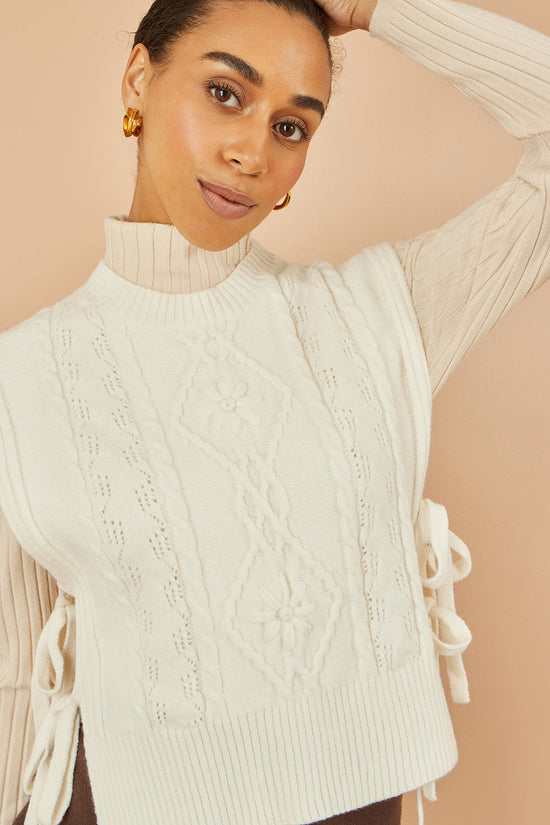 Yumi Ivory Flower Cable Knit Tie Side Pullover - QHA UK