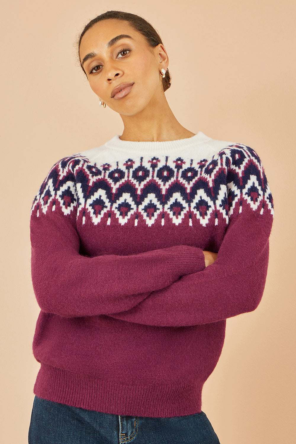 Yumi Burgundy Fair isle Relaxed Fit Knitted Jumper - QHA UK