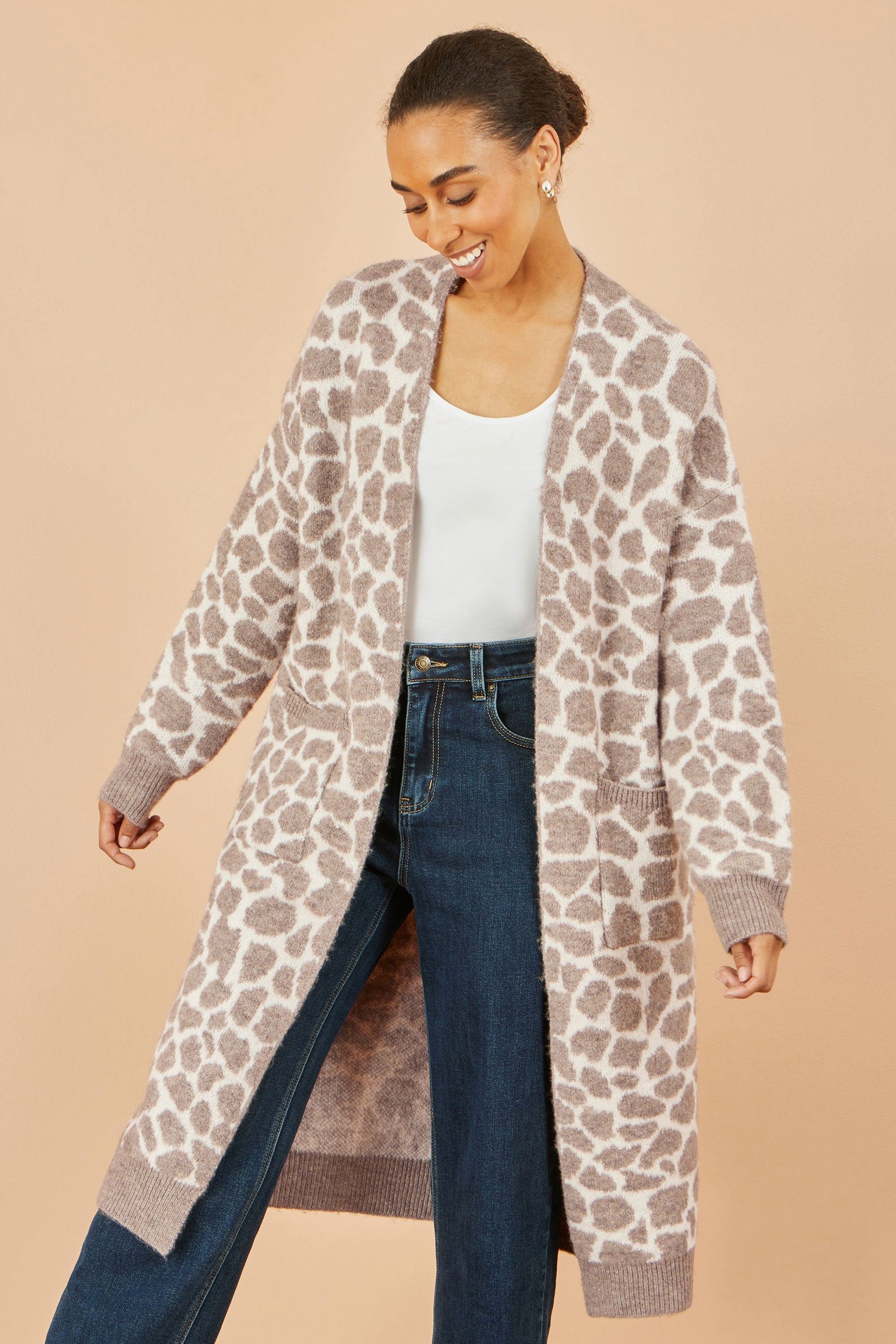 Yumi Beige Animal Print Intarsia Long Cardigan