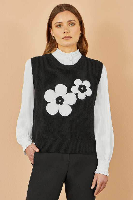 Yumi Black Flower Knitted Sleeveless Jumper Vest - QHA UK