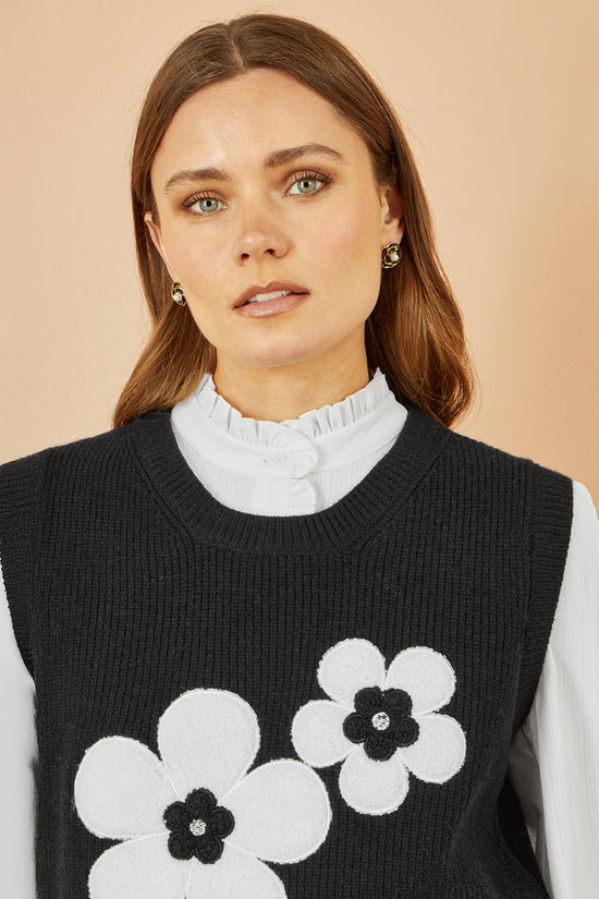 Yumi Black Flower Knitted Sleeveless Jumper Vest - QHA UK