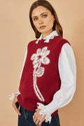 Yumi Burgundy Knitted Flower Sleeveless Jumper Vest - QHA UK