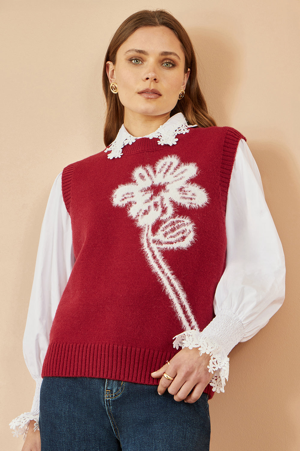 Yumi Burgundy Knitted Flower Sleeveless Jumper Vest
