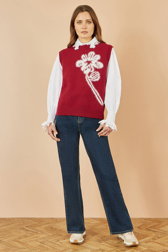 Yumi Burgundy Knitted Flower Sleeveless Jumper Vest - QHA UK