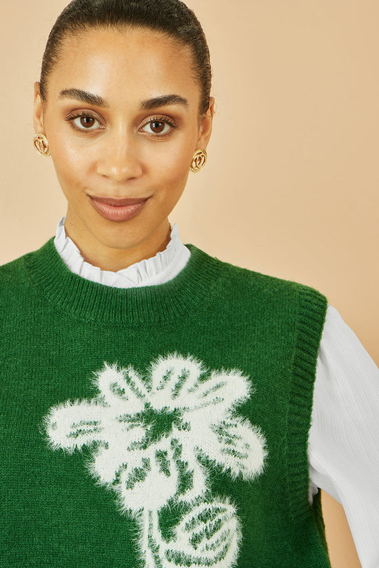 Yumi Green Knitted Flower Sleeveless Jumper Vest - QHA UK