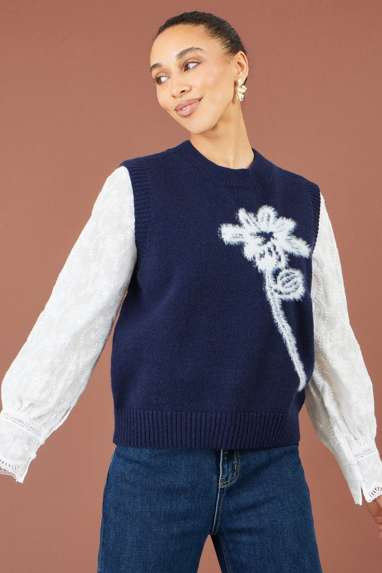 Yumi Women's Navy Brushed Flower Sleeveless Knit Jumper Vest Sizes XS–XL