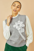 Yumi Grey Knitted Flower Sleeveless Jumper Vest - QHA UK