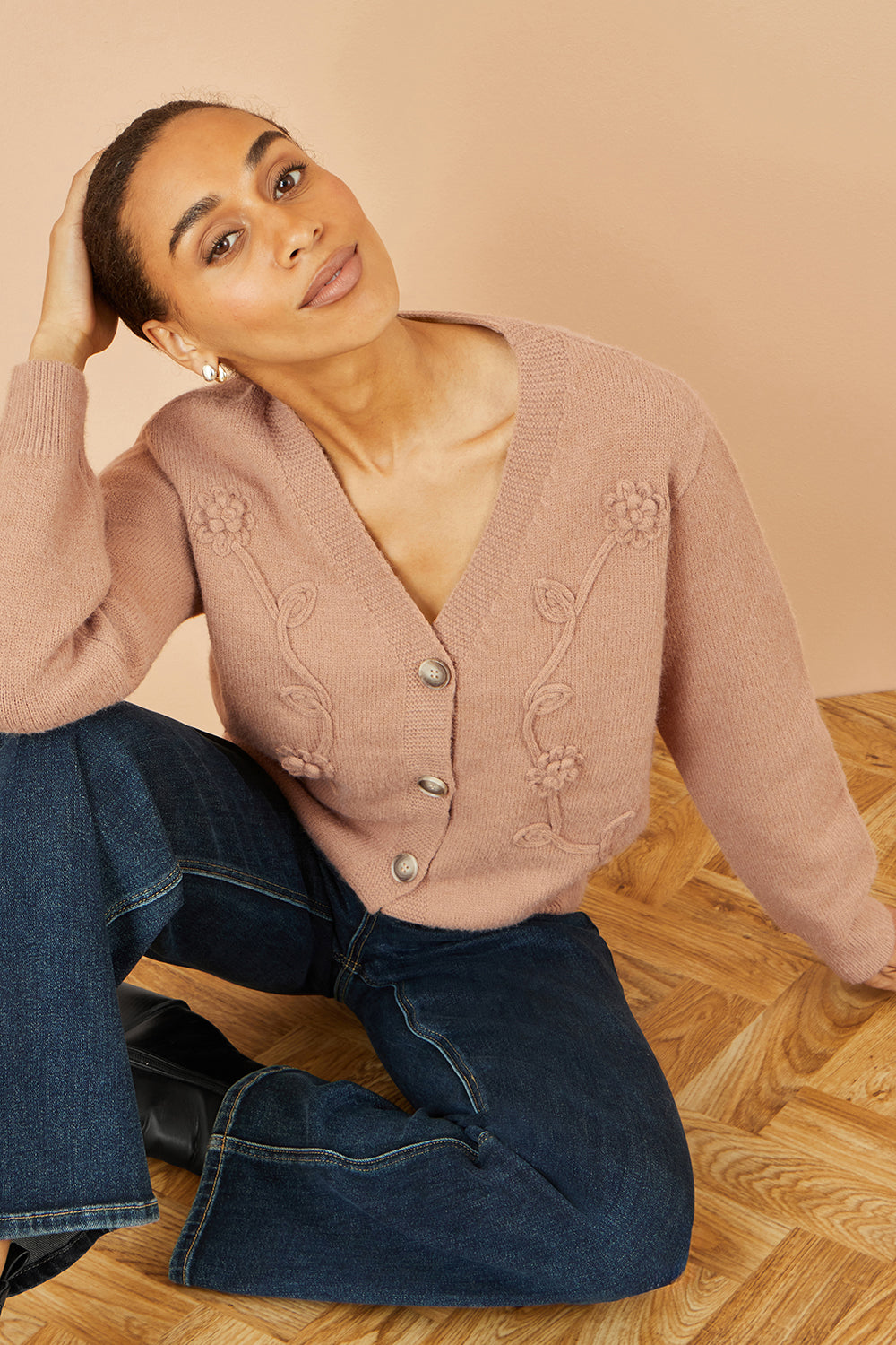 Yumi Brown Floral Embroidered Relaxed Fit Cardigan - QHA UK