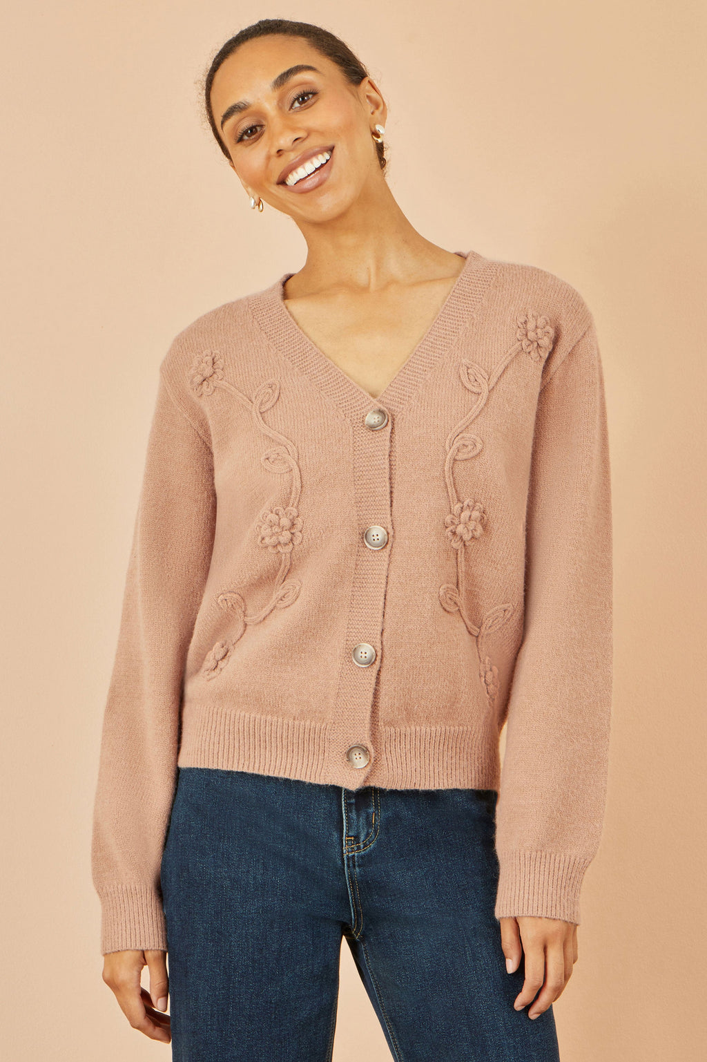 Yumi Brown Floral Embroidered Relaxed Fit Cardigan