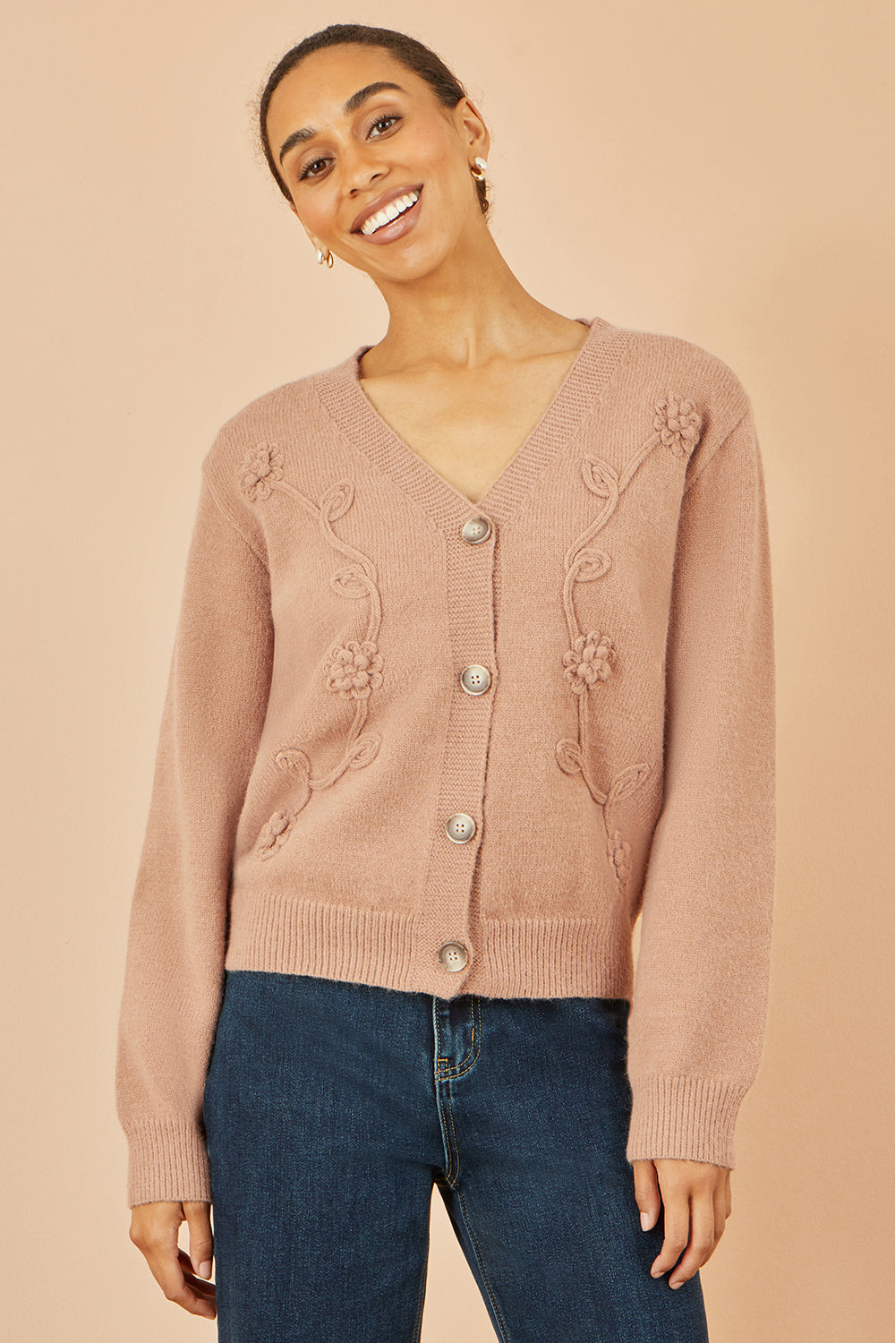 Yumi Brown Floral Embroidered Relaxed Fit Cardigan - QHA UK
