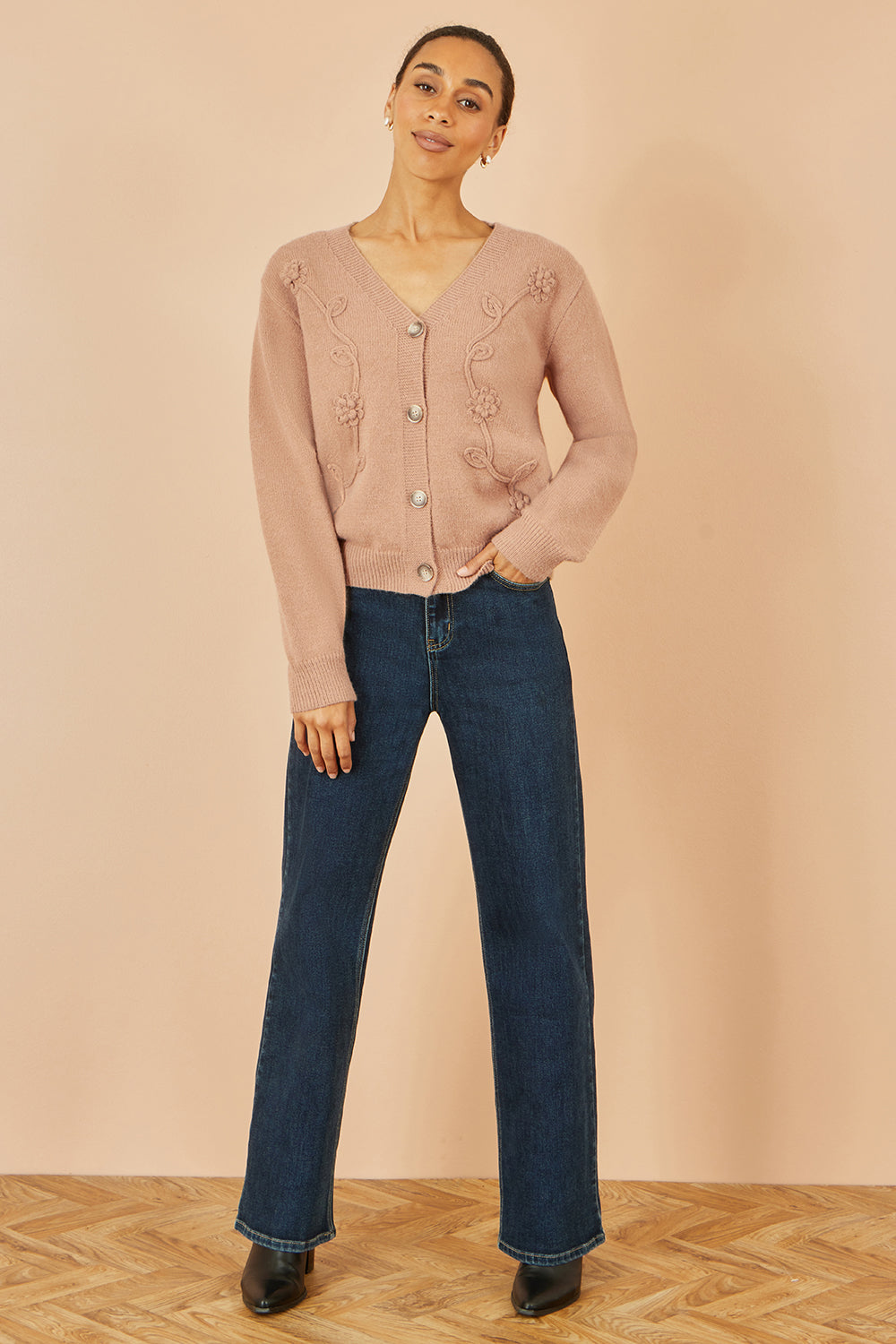 Yumi Brown Floral Embroidered Relaxed Fit Cardigan - QHA UK