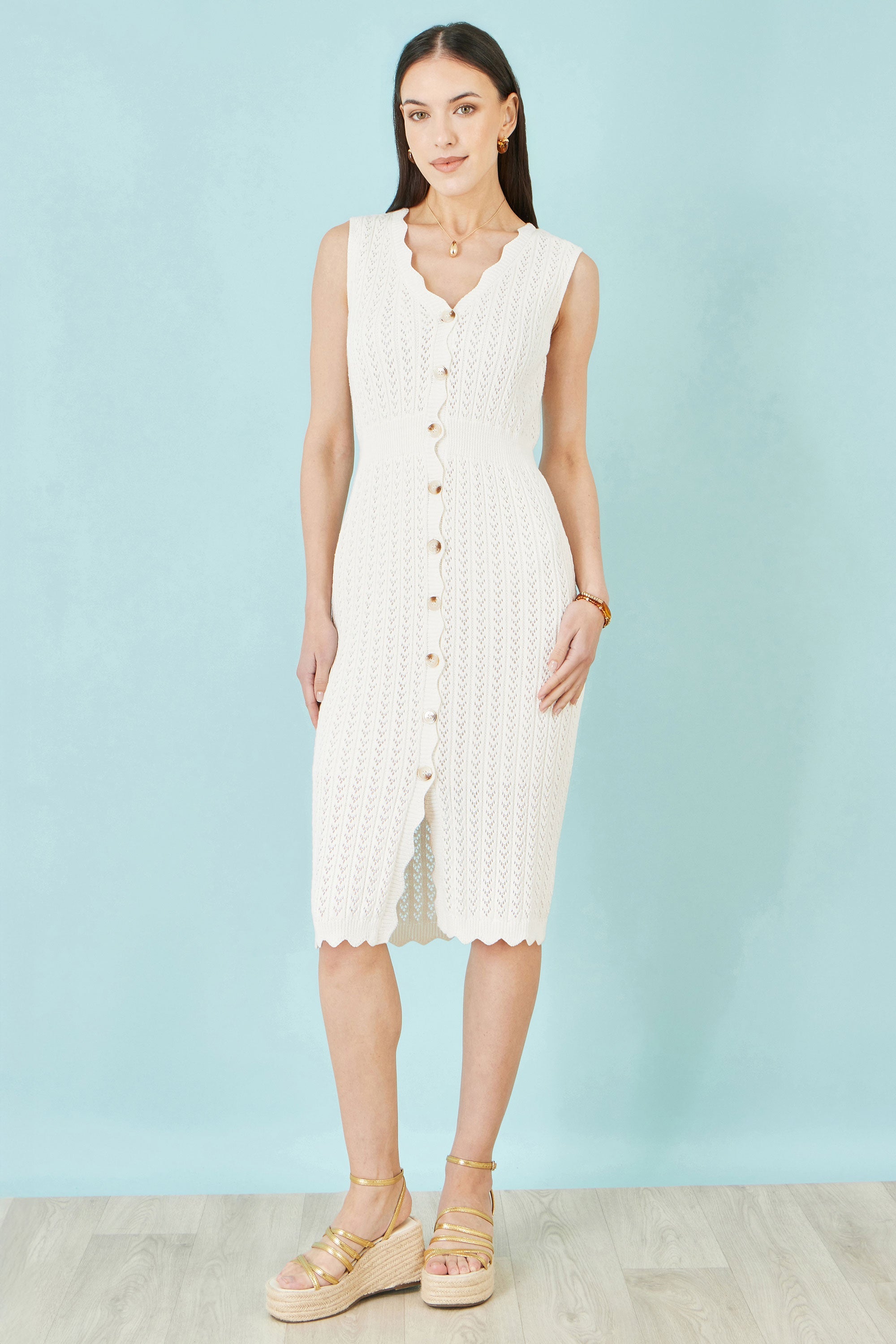 Yumi Ivory Cotton Scallop Crochet Knitted Dress