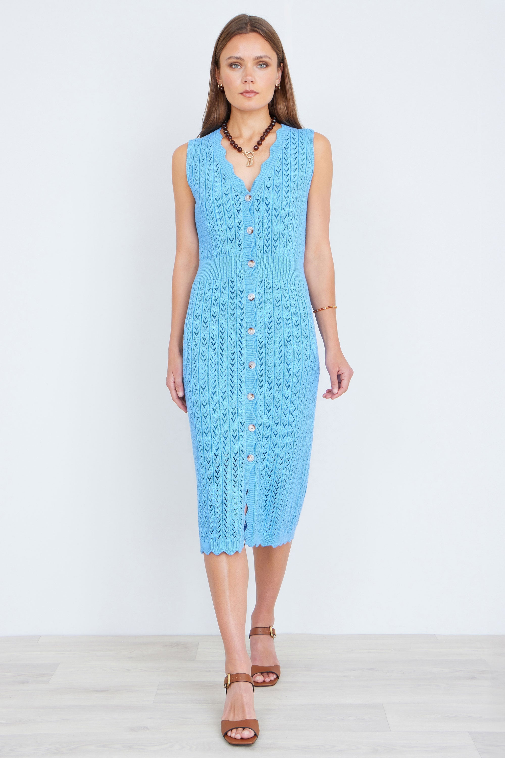 Yumi Blue Scallop Edge Crochet Knitted Midi Dress