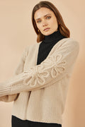 Yumi Beige Edge to Edge Cardigan With Flower Detail Sleeves - QHA UK
